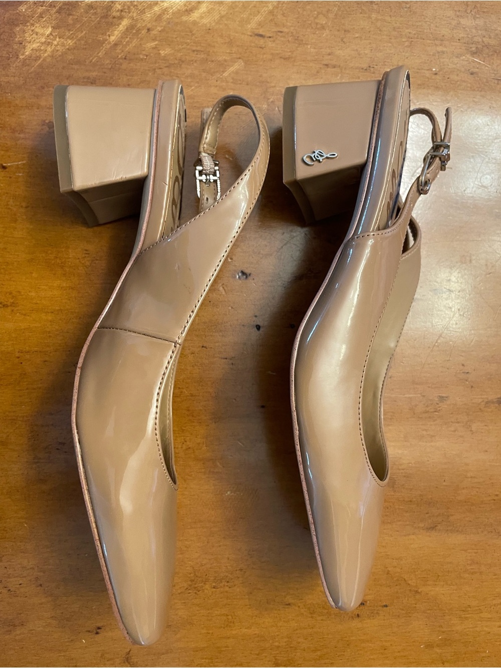 Sam Edelman Taupe Patent Slingback Heels - Picture 3 of 6
